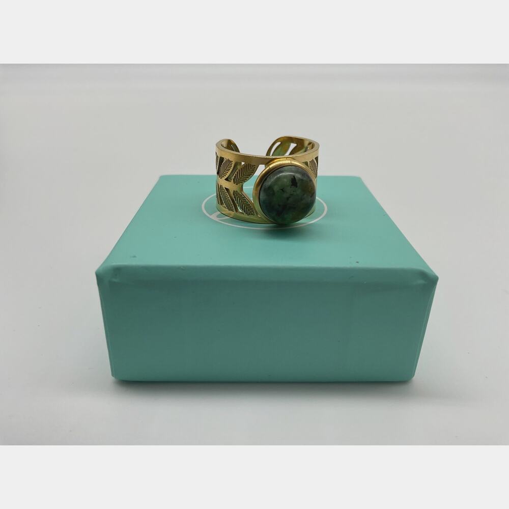 Bloom Gold Tone Leaf Statement Ring Green Stone Adjustable Botanical Boho